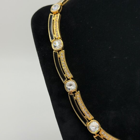 Vintage Runway Monet Gold Rhinestone Black Enamel Necklace Sectional Collar - Picture 6 of 8